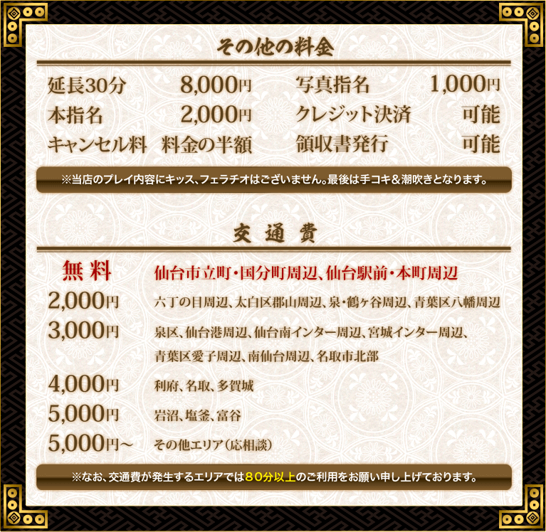 途中延長30分8,000円。写真指名1,000円。本指名2,000円。キャンセル料:料金の半額。クレジット決済可能。領収書発行可能。交通費について、無料エリア:仙台市立町・国分町周辺、仙台駅前・本庁周辺。2,000円エリア:六丁の目周辺、太白区郡山周辺、泉区鶴ケ谷周辺、青葉区八万周辺。3,000円エリア:泉区、仙台港周辺、仙台南インター周辺、宮城インター周辺、青葉区愛子周辺、南仙台周辺、名取市北部。4,000円エリア:利府、名取、多賀城。5,000円エリア:岩沼、塩釜、富谷。5,000円~その他エリア(応相談)